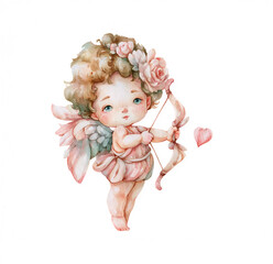 Fototapeta premium Watercolor cupid angel with bow and arrow cute valentine illustration romantic baby cherub art