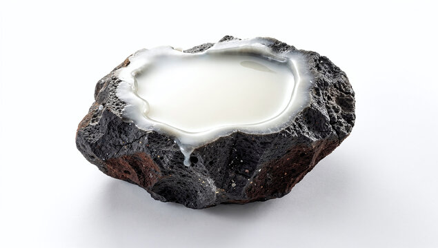 White cosmetic liquid or milk puddle filled inside natural hollow of dark porous volcanic stone