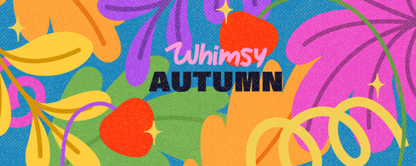 Obraz premium Whimsical horizontal autumn background. Hand drawn colorful leaves, berries, sparks on the bright blue backdrop. Noisy grainy texture. 