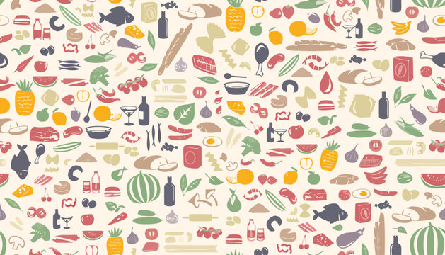 Seamless pattern of assorted fresh food icons in a hand-drawn style