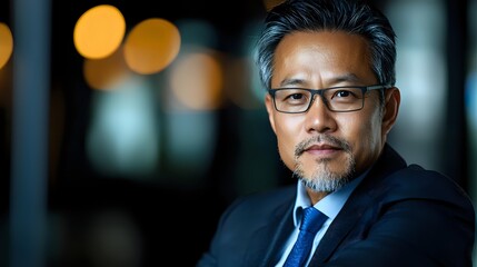Fototapeta premium Middle-aged Asian male professional wearing business suit and glasses, confident corporate portrait with blurred office background for business and corporate use.