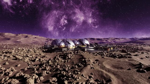 Prototype habitat testing under crisp starfield, modular domes connected by service corridors, diagnostic lights and sensor masts, experimental research