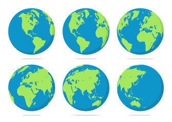 Obraz premium Set of six flat earth globes showing different continents and oceans