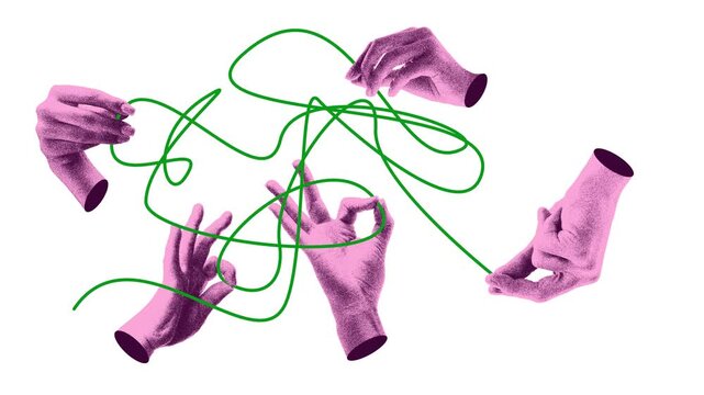 Hands untangling green line for clear workflow in animation. Concept of creative problem solving, communication strategy, process cleanup and productivity coaching.