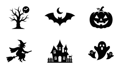 Fototapeta premium Halloween Icons Set: Spooky Tree, Bat, Pumpkin, Witch, Haunted House, Ghosts. Vector Graphics for Festive Design.