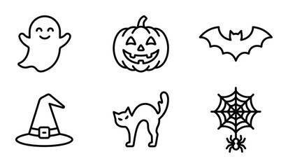 Fototapeta premium Halloween Icons Set: Ghost, Pumpkin, Bat, Witch Hat, Cat, Spiderweb, Vector Graphics for Spooky Celebrations