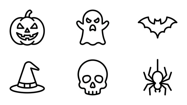 Halloween Icons Set: Spooky Pumpkin, Ghost, Bat, Witch Hat, Skull, Spider Vector Graphics