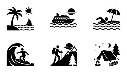 Obraz premium Summer Vacation Icons: Beach, Cruise, Swim, Surf, Hike, Camp, Travel Graphics