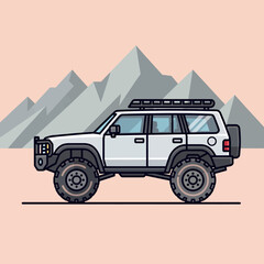 A white vehicle is driving on a dirt road with mountains in the background © Ridwan