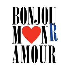 Bonjour Mon Amour romantic French quote typography featuring a red heart and blue accent. Minimalist Parisian chic design perfect for Valentine's Day, apparel prints, and cards. © gorgang