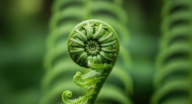 Close-up of a Young Fern Frond Unfurling in Springtime.