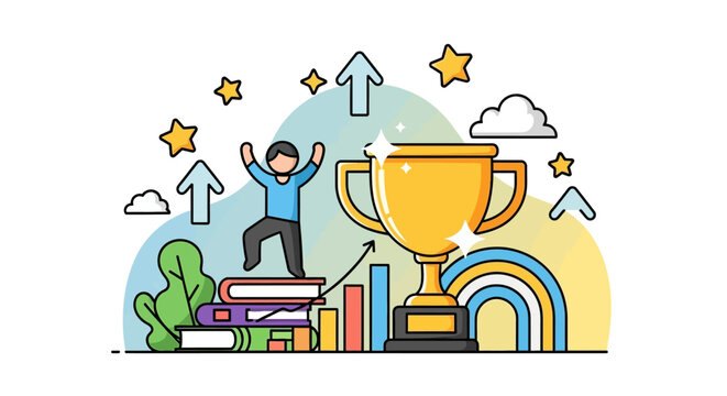 Person celebrating with trophy on book stack on Victory Day with rainbow and stars