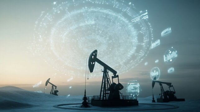 Oil pumps are extracting fossil fuels in a snowy landscape at sunset, with a data analysis hologram showing statistics and graphs, representing the concept of pollution and oil price