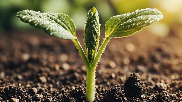 Time lapse sequence of a green plant seedling growing from rich dark soil in sunlight.
