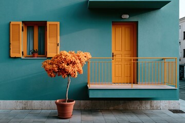 Fototapeta premium Teal building facade with bright yellow door shutters and balcony with potted orange tree for urban exterior background
