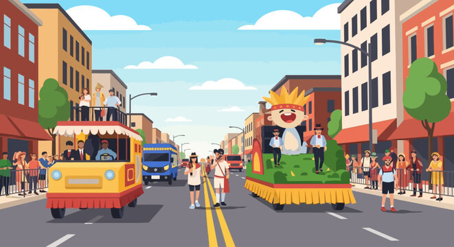 People celebrate a Victory Day with a parade float in the city street