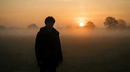 Fototapeta premium Young man standing alone in misty field at golden sunset, dramatic silhouette against glowing orange sky with fog and bare trees.