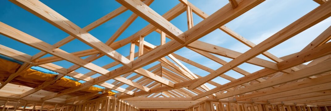 Interior wooden roof framing construction background for house building banner and architectural design with natural daylight and timber beams