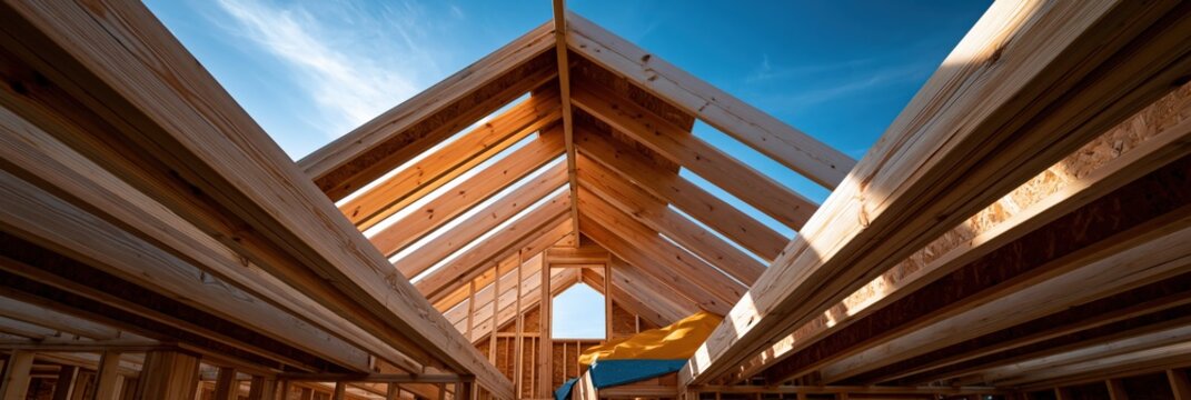 Symmetrical attic roof framing interior for residential building background and architectural banner showcasing timber trusses and blue sky