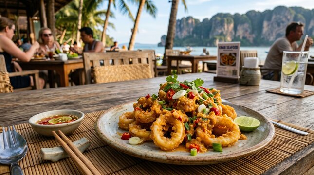 Golden calamari rings in creamy sauce rest on rustic table, lime wedge and dip beside, framed by tropical plants and limestone cliffs under soft sky.