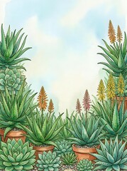 Obraz premium Watercolor succulent garden frame with aloe plants and flowering spikes in terracotta pots creating decorative border on textured paper background.