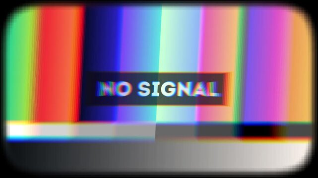 Retro color bar test pattern screen displaying 'NO SIGNAL' message, embodying broadcast interruption and outdated technology concepts