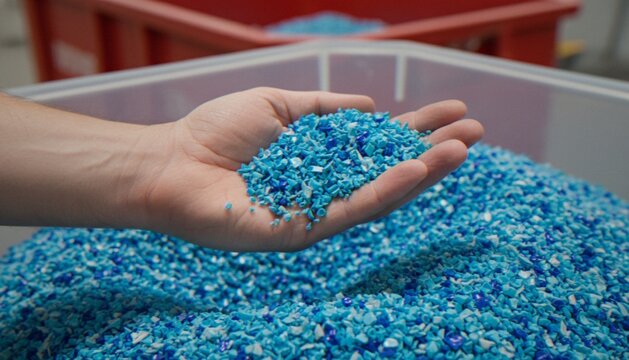A close-up view of a hand holding a handful of small blue plastic regrind pellets over a container full of processed recycled plastic material.