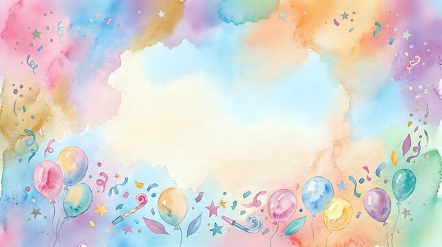 Colorful watercolor birthday party frame with balloons, confetti and musical notes on white background for celebration invitations and greeting cards.