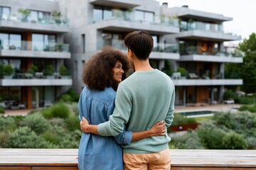 Fototapeta premium Smiling couple embracing on balcony with contemporary apartments in background for lifestyle banner and relationship design