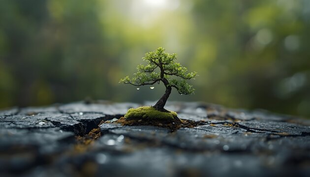 Tiny Bonsai Tree Emerging from Cracked Stone &ndash; Extreme Macro Nature Photography