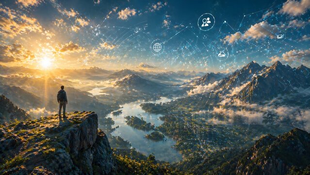 Man standing on mountain peak at sunrise with digital network symbols in the sky, blending nature and technology.