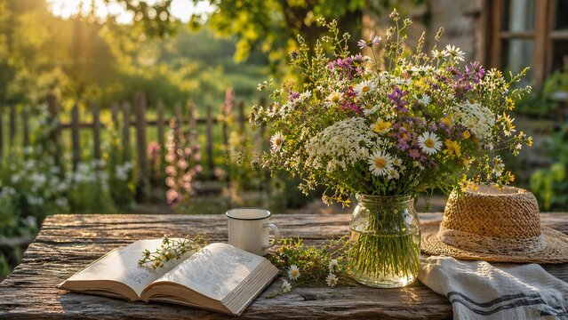 Sunny morning with a bouquet of wildflowers, open book, and straw hat on rustic outdoor table.