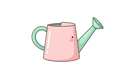 Pink metal watering can with green handle. © Bagas