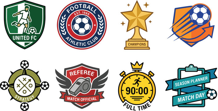 Professional soccer club logos and referee match officials badges set with strategy board season planner and trophies.