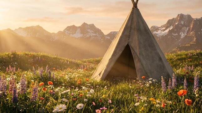 Serene tent scene in a vibrant flower-filled meadow at sunset with majestic mountains in the background.