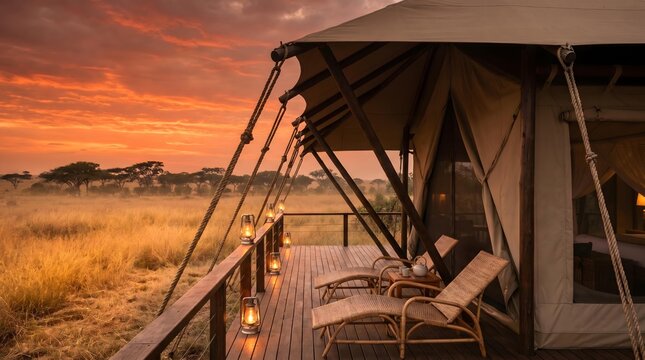 Luxury tented camp deck with lounge chairs and lanterns overlooks scenic grasslands at sunset.