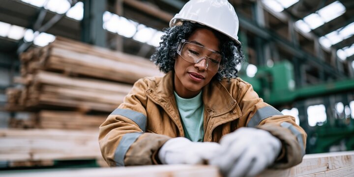 Female worker inspecting wooden board in industrial lumber warehouse