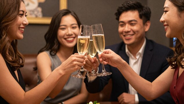 Group of asian friends toasting champagne flutes together at a celebratory event