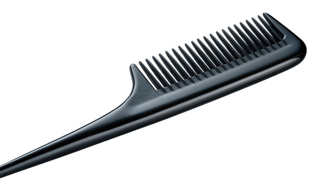 Black plastic tail comb with fine teeth and pointed handle