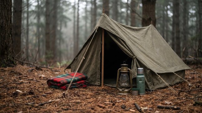 Set in a tranquil forest, this scene captures the essence of outdoor adventure and cozy camping life.