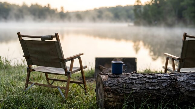Misty morning at lakeside campsite with chairs and steaming mug on log, peaceful and tranquil atmosphere.
