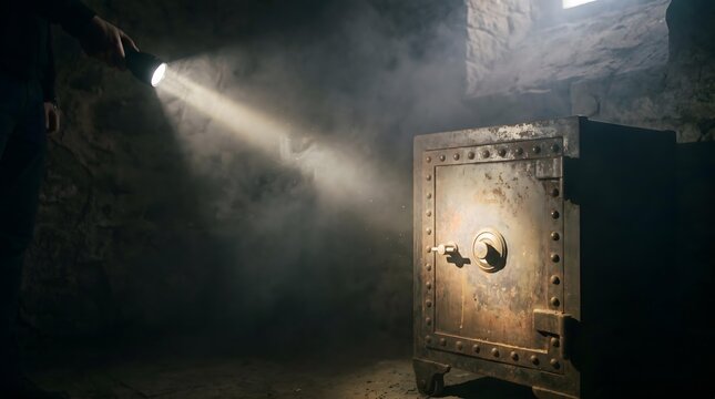A person shines a flashlight on a large old safe in a dim, dusty, mysterious basement.