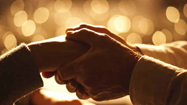 Hands holding small object in warm light bokeh background