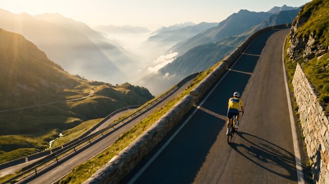 Cyclist climbs winding mountain road at sunrise in a scenic landscape filled with mist and sunlight.