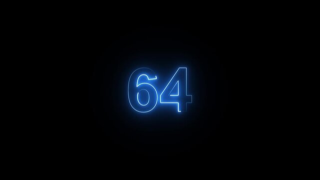 Animation of glowing neon cyan color number text animation . cyan , neon number sixty-four .neon color, neon lighting,64 percentage discount animated- 4k black background animation video