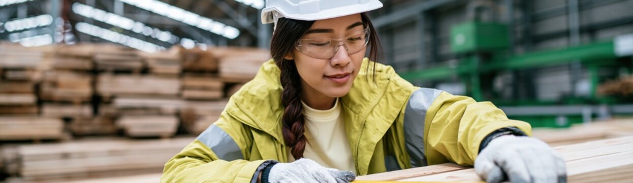 Young female worker inspecting lumber in industrial warehouse