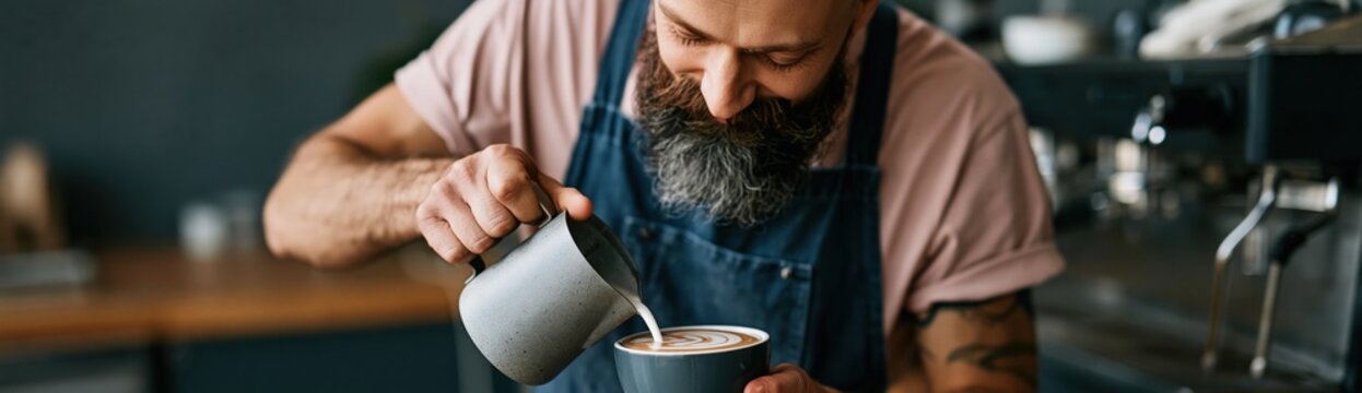 Bearded barista creating latte art at cafe counter during service