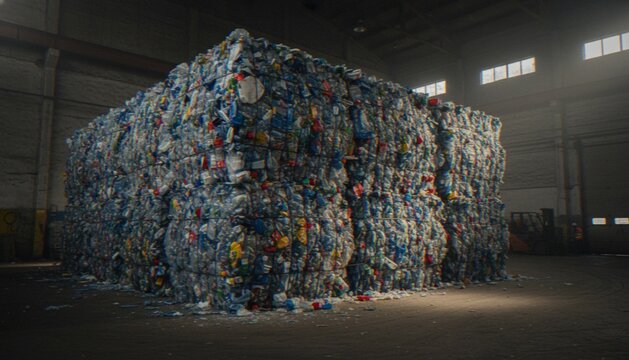 A large pile of compressed plastic waste stored inside an industrial warehouse for recycling.