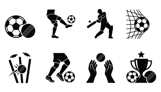 Active athlete silhouettes and sport trophies vector illustration set for football and cricket art.