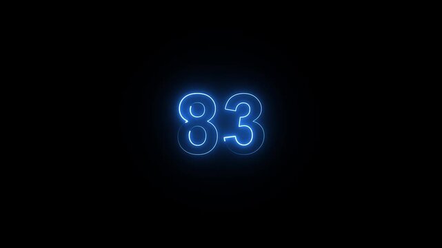 Animation of glowing neon cyan color number text animation . cyan , neon number 83 .neon color, neon lighting,83 percentage discount animated- 4k black background animation video